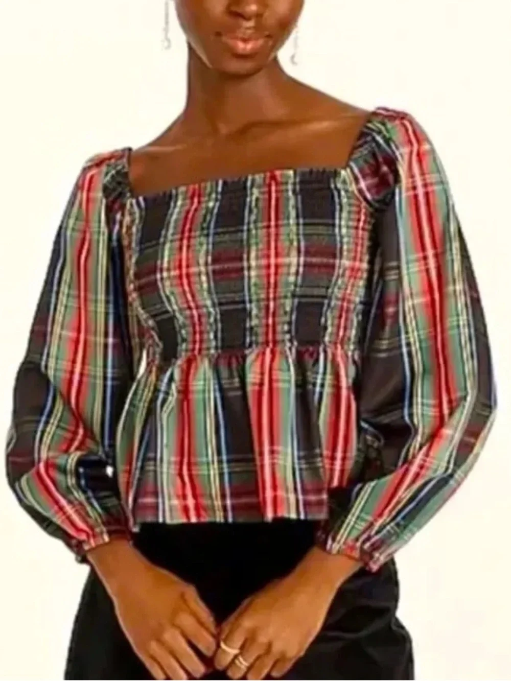 J.Crew Puff-Sleeve Smocked Top in Stewart Tartan Size XS Peplum Holiday
